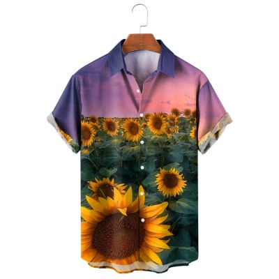 Men's Casual Lapel Sunflower Printed Short Sleeve Shirt 50136012M