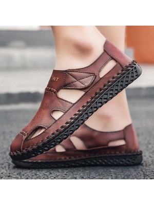 Men Breathable Cowhide Leather Closed Toe Outdoor Sandals