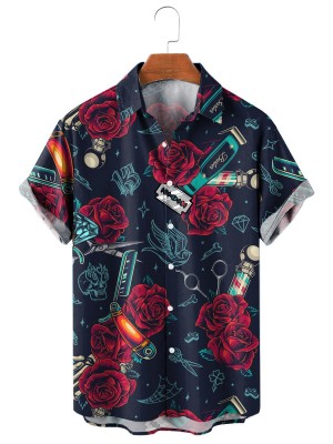 Barbershop Vintage Colorful Pattern Hawaiian Short Sleeve Shirt